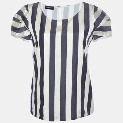 Pre-owned Emporio Armani Cream/black Striped Silk Blend Top S