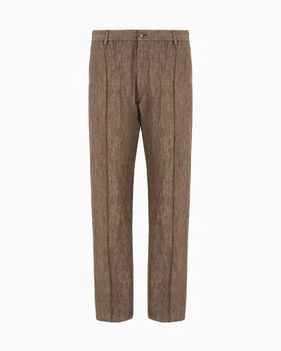 Emporio Armani Crêpe-effect Faded Linen Trousers With Ribbing In Brown