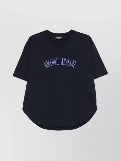 Emporio Armani Crew Neck Cotton T-shirt With Curved Hem In Blue