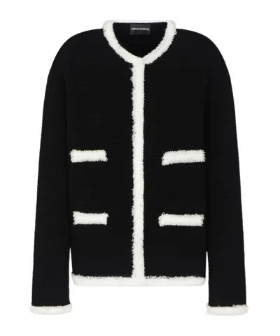 Emporio Armani Ottoman Fabric Jacket With Fringe Trims In Black