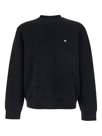 Emporio Armani Black Crewneck Sweatshirt With Logo Embroidery On The Front In Cotton Blend Man