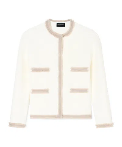 Emporio Armani Ottoman Stitch Knit Jacket With Fringe Hems In White