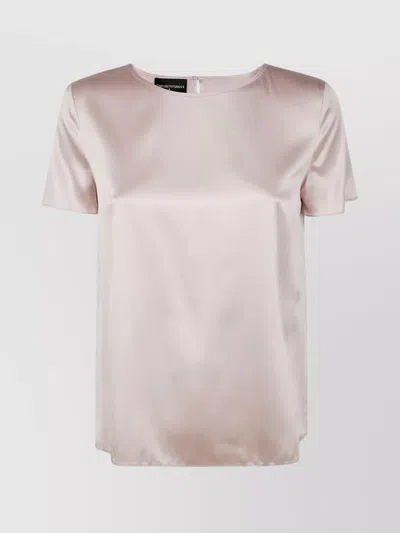 Emporio Armani Crew Neck Silk Top With Keyhole Back In Pale Rose