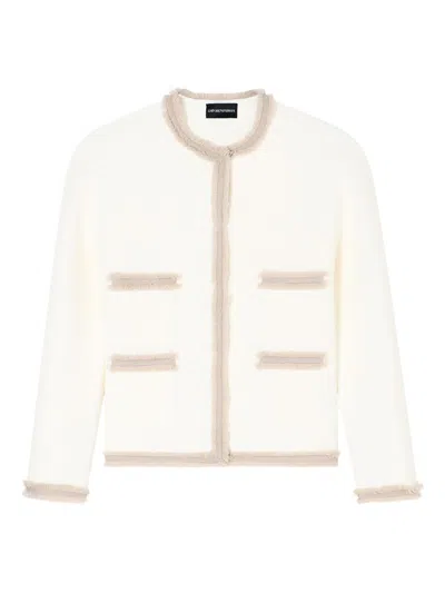 Emporio Armani Ottoman Stitch Knit Jacket With Fringe Hems In White