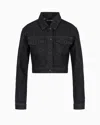 Emporio Armani Cropped 12.5 oz Denim Jacket With All-over Rhinestone Logo In Black
