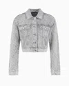 Emporio Armani Cropped 12.5 oz Denim Jacket With All-over Rhinestone Logo In Grey