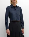 Emporio Armani Cropped Button-down Cotton Poplin Shirt In Solid Dark Blue