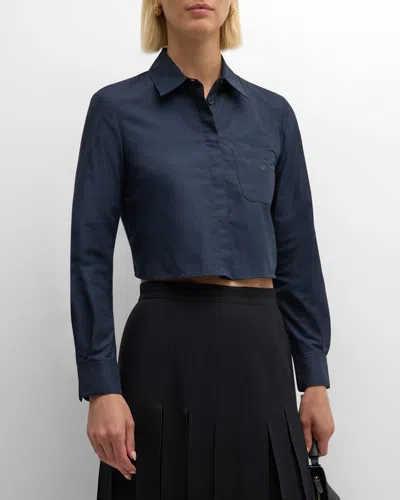 Emporio Armani Cropped Button-down Cotton Poplin Shirt In Solid Dark Blue