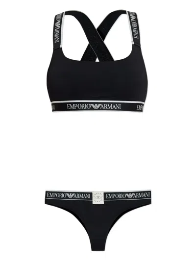 Emporio Armani Cross-back Logo Bra Set In Black