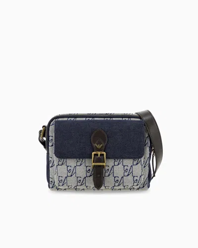 Emporio Armani Crossbody Bag In Cotton With Monogram Pattern And Buckle In Blue