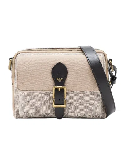 Emporio Armani Crossbody Bag In Cotton With Monogram Pattern And Buckle In Neutral