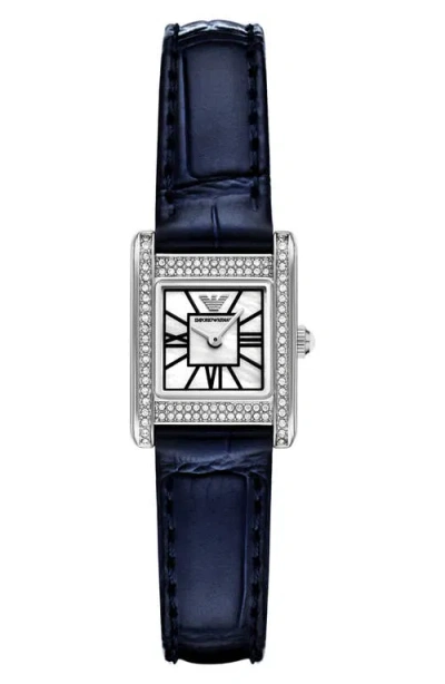 Emporio Armani Crystal Bezel Tank Leather Strap Watch, 19mm X 26mm In Purple