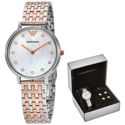 Emporio Armani Crystal White Mother Of Pearl Dial Ladies Watch Ar80019 In Two Tone  / Gold Tone / Mother Of Pearl / Rose / Rose Gold Tone / White