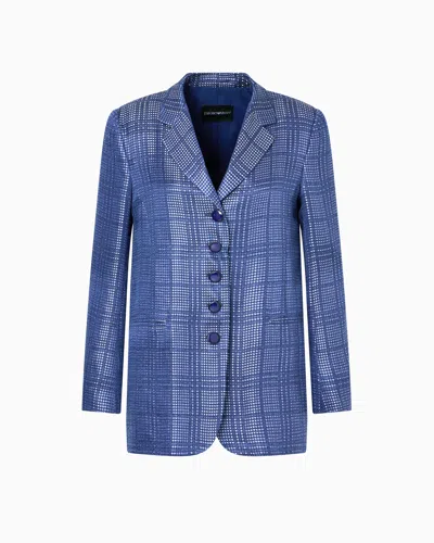 Emporio Armani Cupro-blend Single-breasted Blazer With Check Motif In Blue
