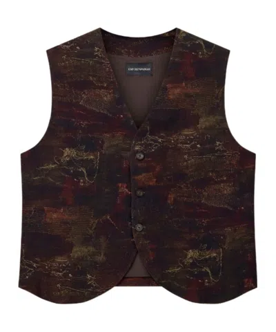 Emporio Armani Cupro Twill Waistcoat With All-over Print In Brown