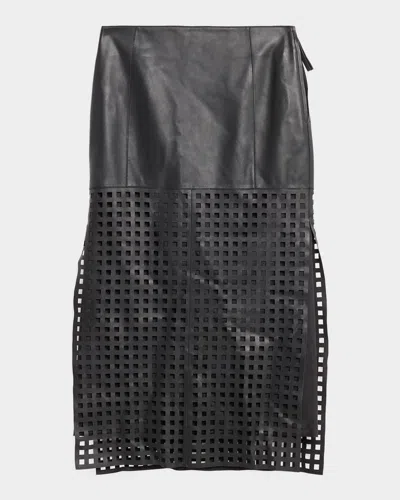 Emporio Armani Cutout Leather Midi Skirt In Black