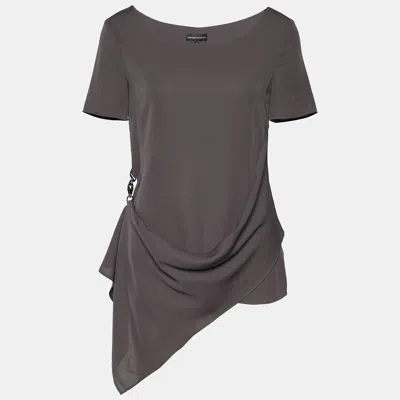 Pre-owned Emporio Armani Dark Grey Crepe Draped Detail Blouse S