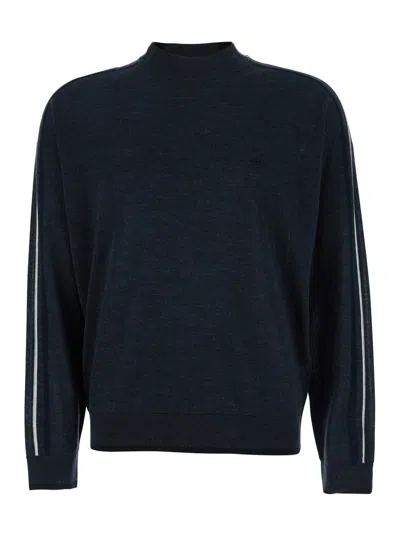 EMPORIO ARMANI DARK GREY CREWNECK SWEATER WITH STRIPE DETAIL ON THE SLEEVE IN WOOL MAN EMPORIO ARMANI