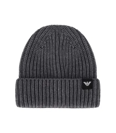 Emporio Armani Dark Grey Ribbed Beanie In Gray