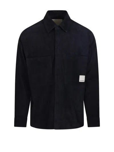 Emporio Armani Dark Navy Goat Leather Shirt With Classic Collar In Blue