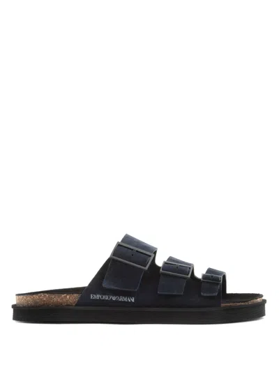 Emporio Armani Logo-print Suede Slides In Black