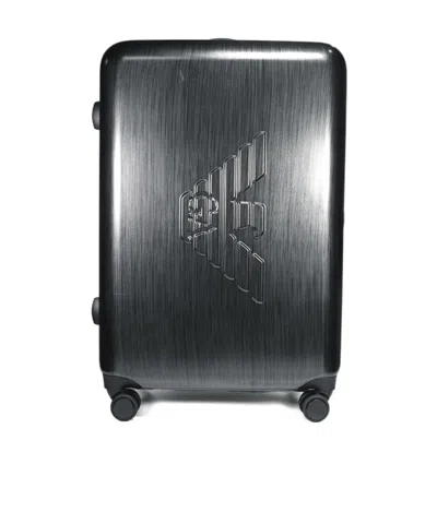 Emporio Armani Debossed-monogram Four Wheel Suitcase In Gray