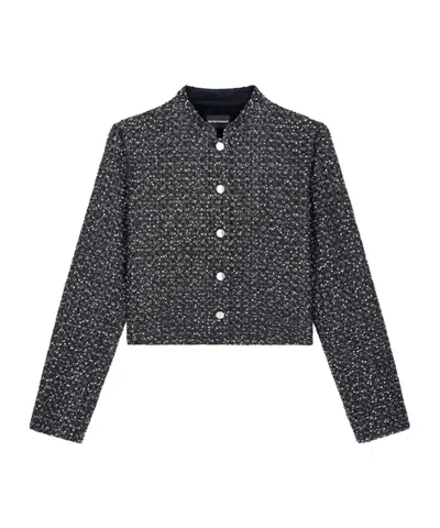 Emporio Armani Denim Blazer With Embroidered Paillettes And Front Buttons In Black