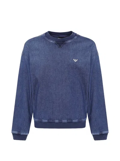 Emporio Armani Denim Cotton Crewneck Sweatshirt In Blue