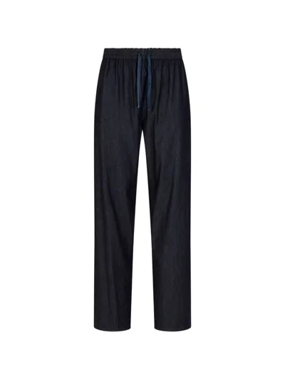 Emporio Armani Cotton Denim Lounge Trousers Embroidered Detail In Blue