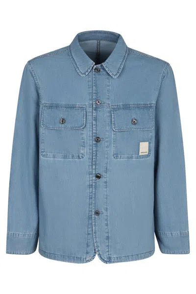 Emporio Armani Denim Shirt With Classic Collar And Flap Pockets In Navy