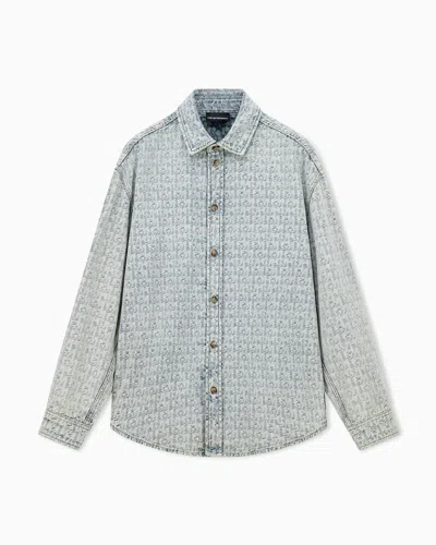 Emporio Armani Denim Shirt With An All-over Jacquard Monogram Pattern In Blue