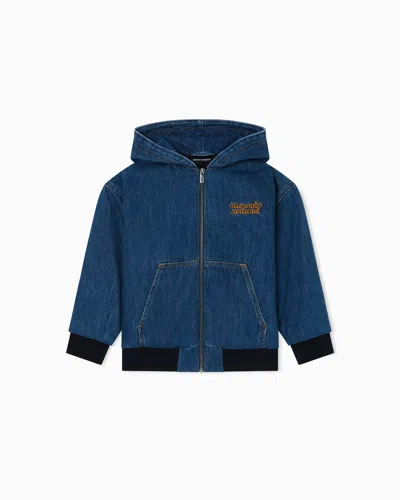 Emporio Armani Kids' Denim Zip-up Blouson With Hood And Logo Embroidery