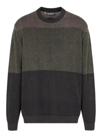 Emporio Armani Virgin Wool Jumper With Micro Jacquard Op-art Diamonds In Black