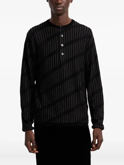 Emporio Armani Diagonal-stripe Henley Sweater In Black