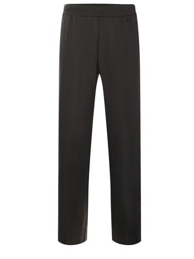 Emporio Armani Diagonal-weave Cotton Blend Trousers In Brown