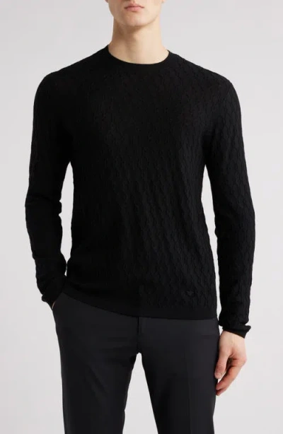 Emporio Armani Diamond Wool Blend Crewneck Sweater In Solid Black