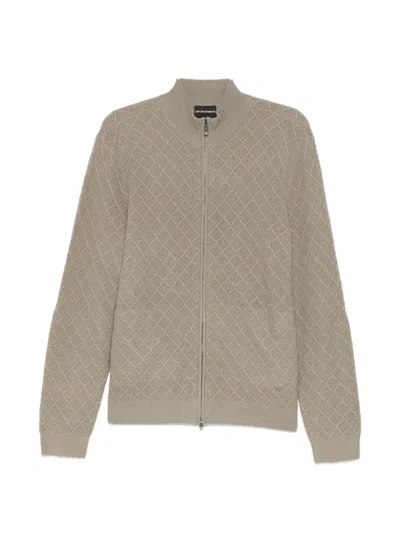 Emporio Armani Diamond-textured Zip-up Cardigan In Brown