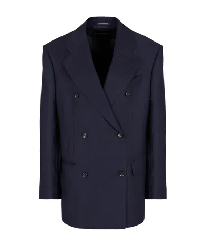 Emporio Armani Double-breasted Blazer In Wool Satin With Alternating Stripes In Bleu Marine