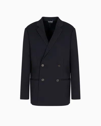 Emporio Armani Double-breasted Blazer In A Plain-knit Wool Blend In Black