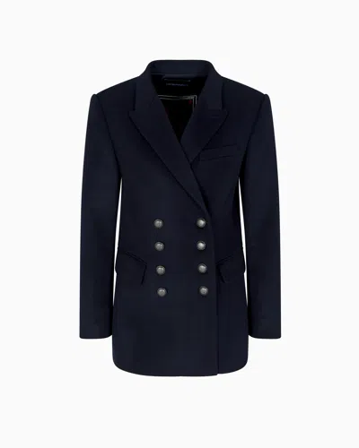 Emporio Armani Double-breasted Blazer In Compact Wool And Cashmere In Blue