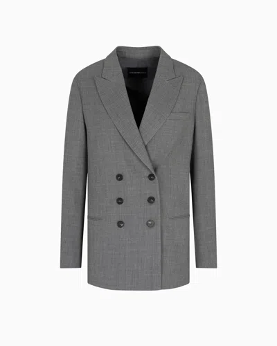 Emporio Armani Double-breasted Blazer In Mouliné Wool Crêpe In Gray