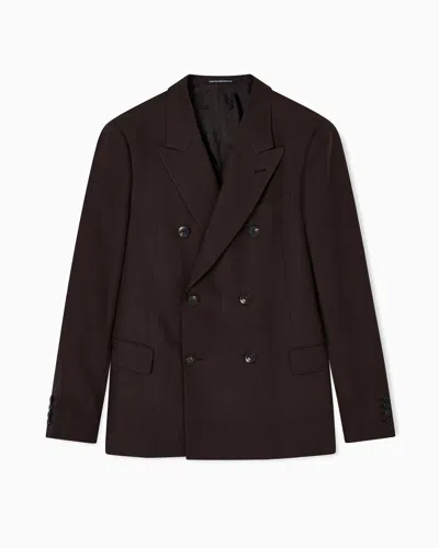 Emporio Armani Linen Double Breasted Peak Lapel Blazer In Brown