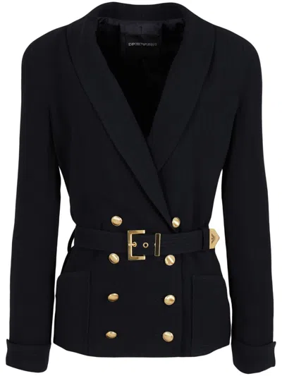 EMPORIO ARMANI DOUBLE-BREASTED BLAZER JACKET WITH DETACHABLE WAIST BELT AND SCARF LAPELS