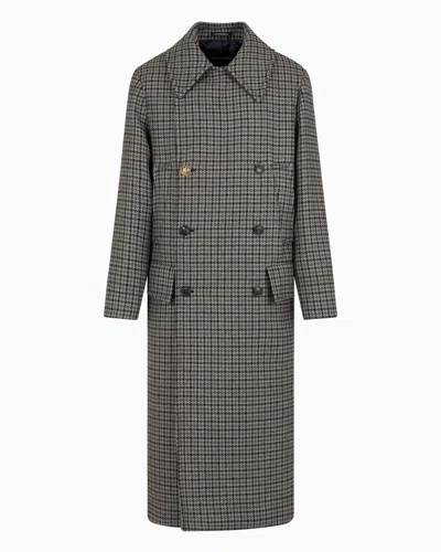 Emporio Armani Double-breasted Coat In A Houndstooth Motif Mouliné Virgin Wool In Blue