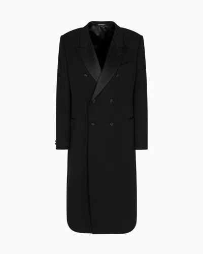 Emporio Armani Double-breasted Long Coat Satin Lapels In Black