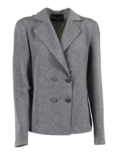 Emporio Armani Double-breasted Herringbone Blazer With Tailored Fit In Gray