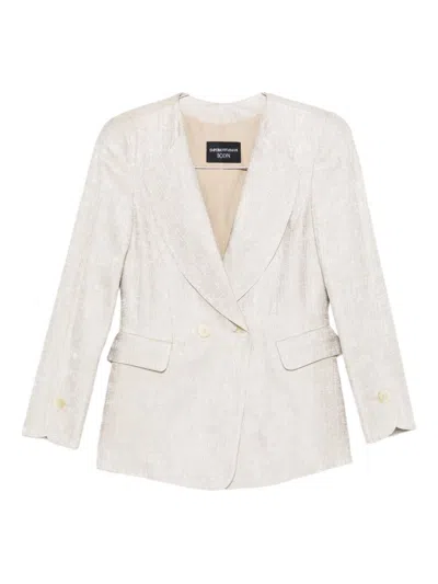 Emporio Armani Double-breasted Jacket In Icon Textured Jacquard Fabric In White
