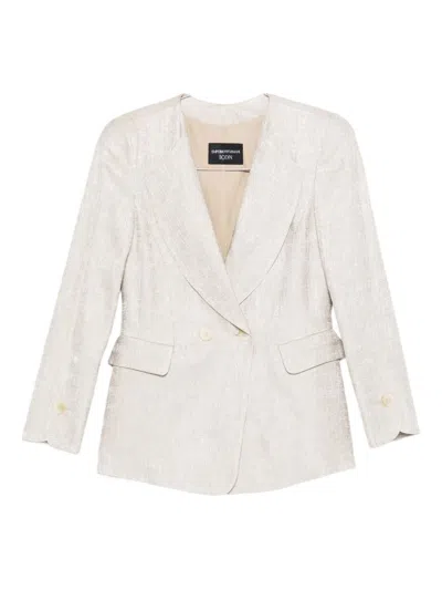 Emporio Armani Double-breasted Jacket In Icon Textured Jacquard Fabric In White