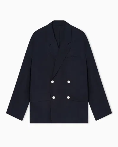 Emporio Armani Double-breasted Linen Blend Jacket In Blue