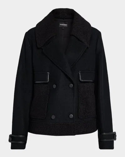 EMPORIO ARMANI DOUBLE-BREASTED PEACOAT WITH FAUX LEATHER TRIM